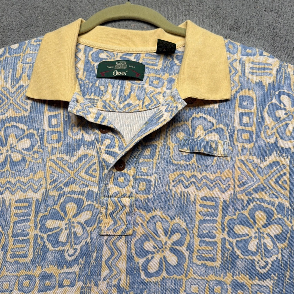 Orvis Men's Blue Yellow Pattern‎ Polo Shirt Short Sleeve Large